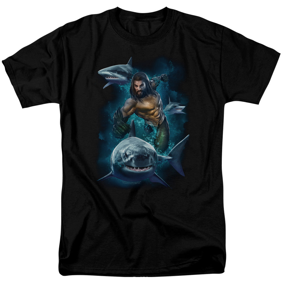 Aquaman Movie Swimming With Sharks Men's 18/1 Cotton Short-Sleeve T-Shirt
