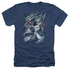 Justice League Of America Ride The Lightening Men's 30/1 Heather 60 40 Poly Short-Sleeve T-Shirt