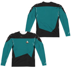 Star Trek TNG Science Uniform (Front/Back Print) Men's Regular Fit Polyester Long-Sleeve T-Shirt