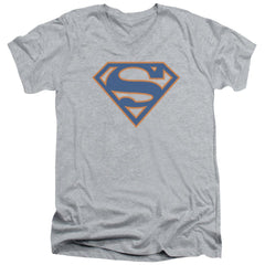 Superman Blue & Orange Shield Men's 30/1 Cotton Slim V-Neck T
