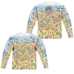 Where's Waldo Beach Scene (Front/Back Print) Men's Regular Fit Polyester Long-Sleeve T-Shirt