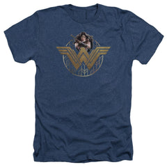 Wonder Woman Movie Power Stance And Emblem Men's 30/1 Heather 60 40 Poly Short-Sleeve T-Shirt