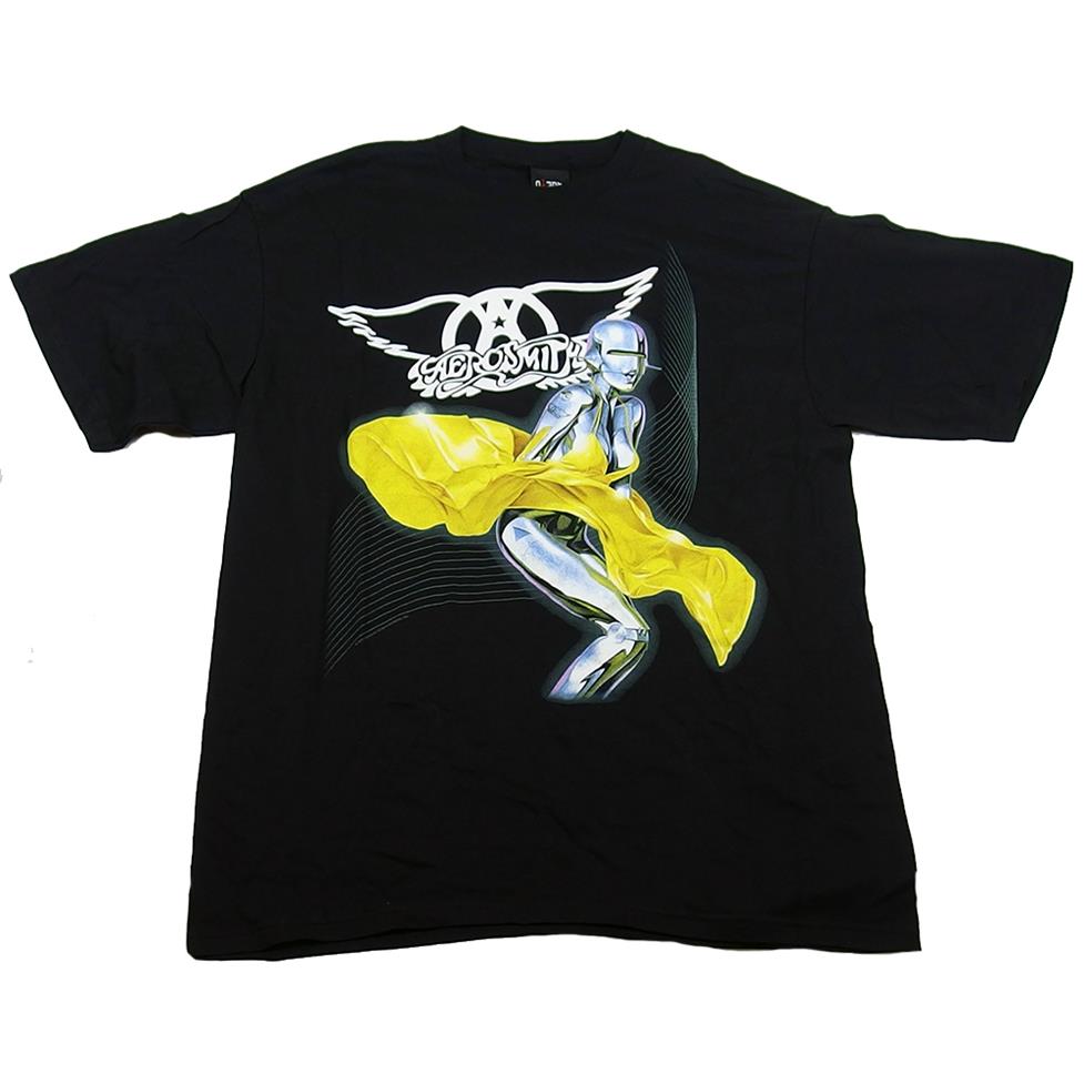 Aerosmith Men's Just Push Play Robot Girl Logo Black T-Shirt