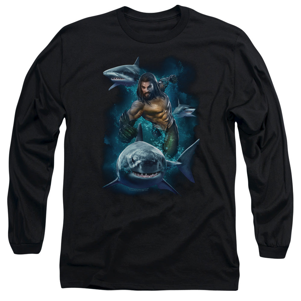 Aquaman Movie Swimming With Sharks Men's 18/1 Cotton Long-Sleeve T-Shirt