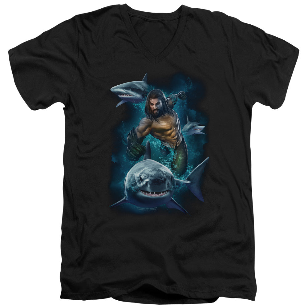 Aquaman Movie Swimming With Sharks Men's 30/1 Cotton Slim V-Neck T-Shirt