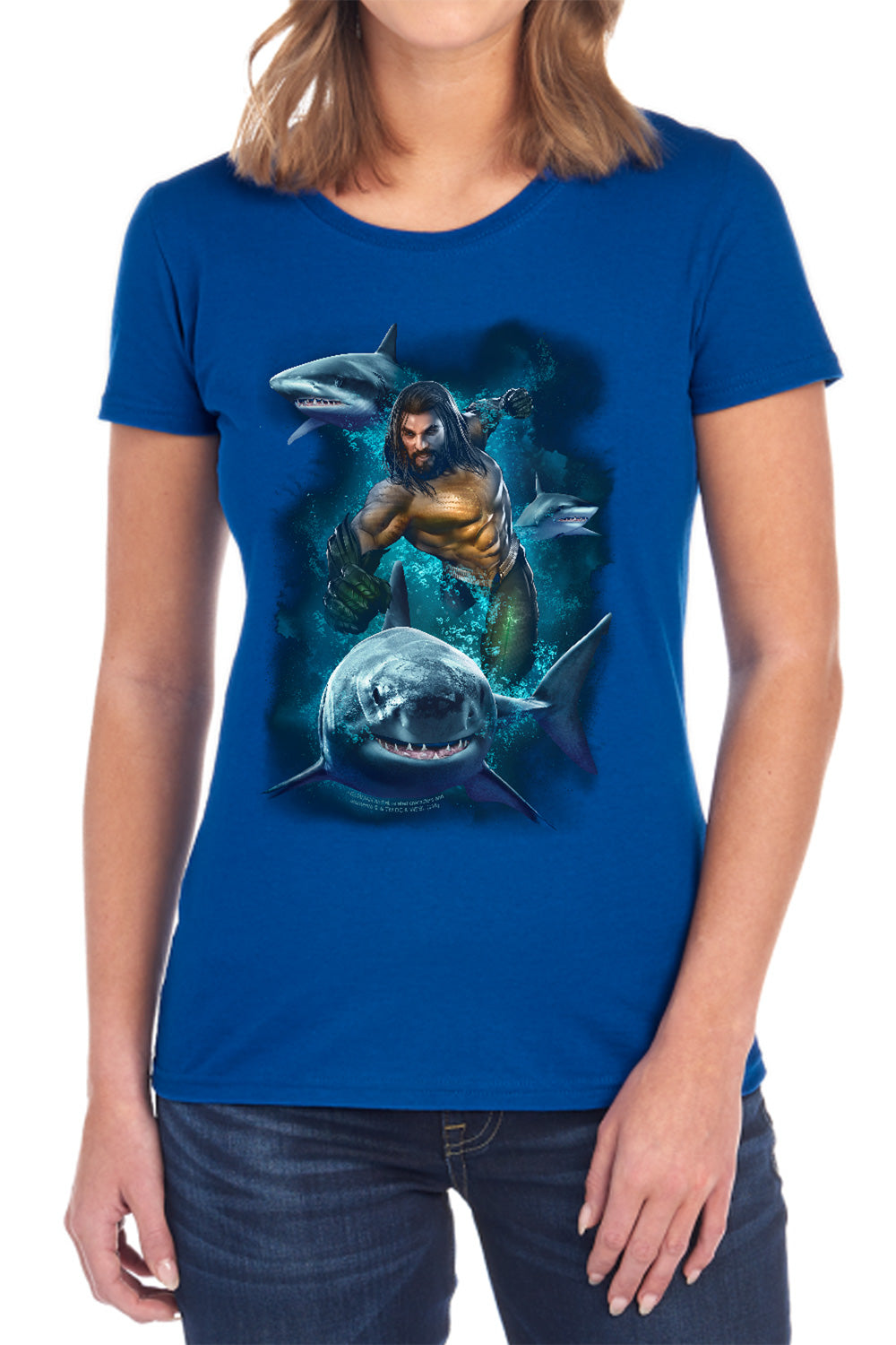 Aquaman Movie Swimming With Sharks Women's 18/1 Cotton Short-Sleeve T-Shirt