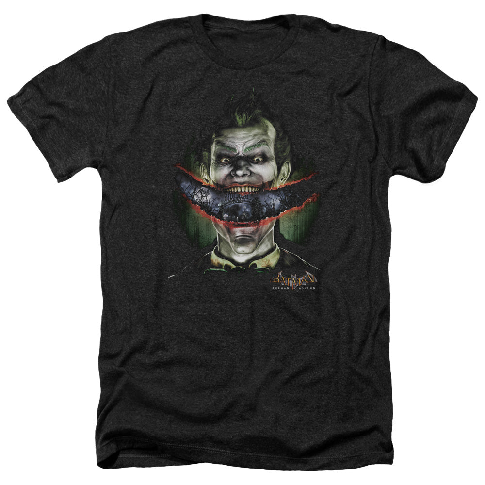 Batman Arkham Asylum Crazy Lips Men's 30/1 Heather 60 40 Poly Short-Sleeve T-Shirt