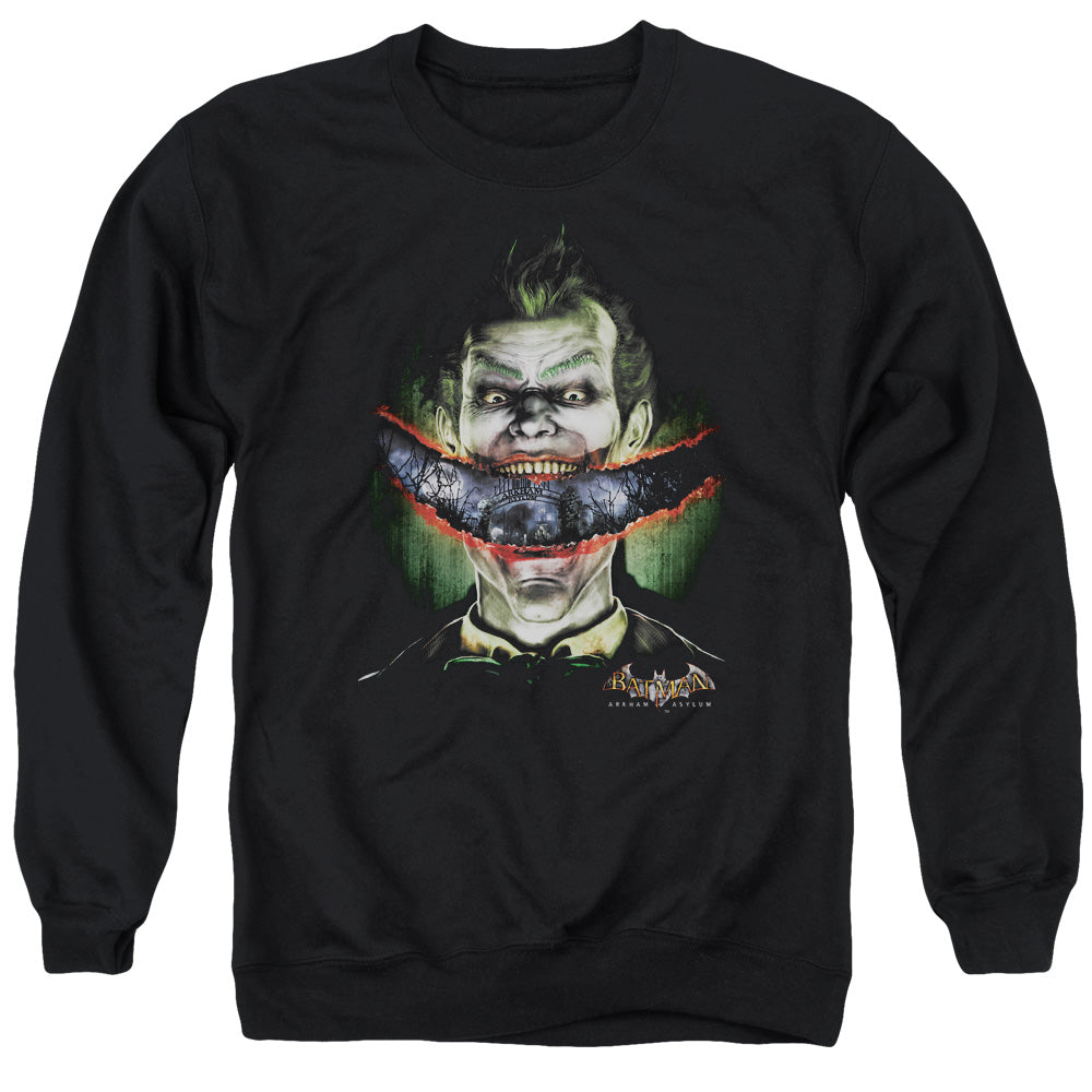 Batman Arkham Asylum Crazy Lips Men's Crewneck 50 50 Poly Long-Sleeve T-Shirt