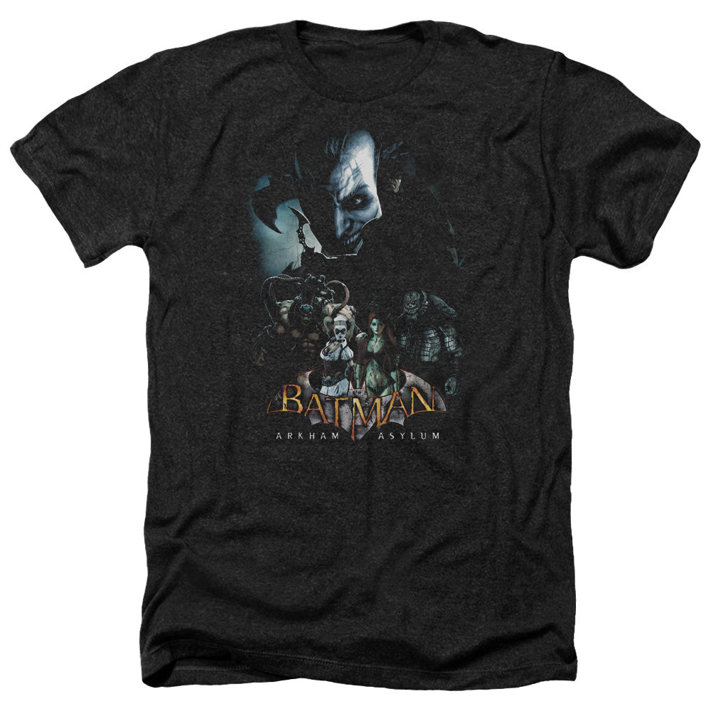 Batman Arkham Asylum Five Against One Men's 30/1 Heather 60 40 Poly Short-Sleeve T-Shirt