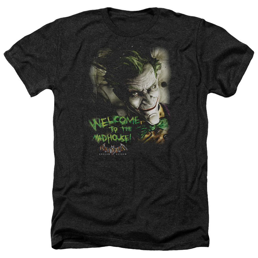Batman Arkham Asylum Welcome To The Madhouse Men's 30/1 Heather 60 40 Poly Short-Sleeve T-Shirt