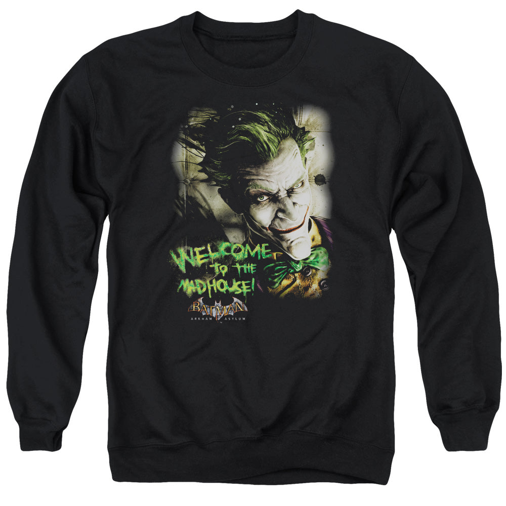 Batman Arkham Asylum Welcome To The Madhouse Men's Crewneck 50 50 Poly Long-Sleeve T-Shirt