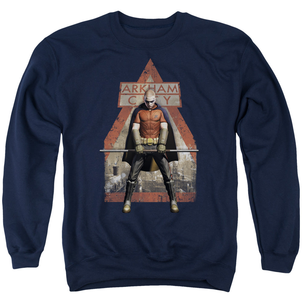 Batman Arkham City Arkham Robin Men's Crewneck 50 50 Poly Long-Sleeve T-Shirt