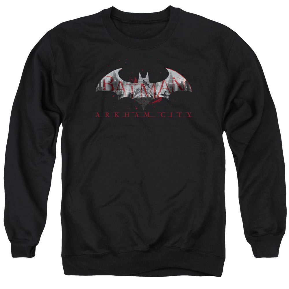 Batman Arkham City Bat Fill Men's Crewneck 50 50 Poly Long-Sleeve T-Shirt