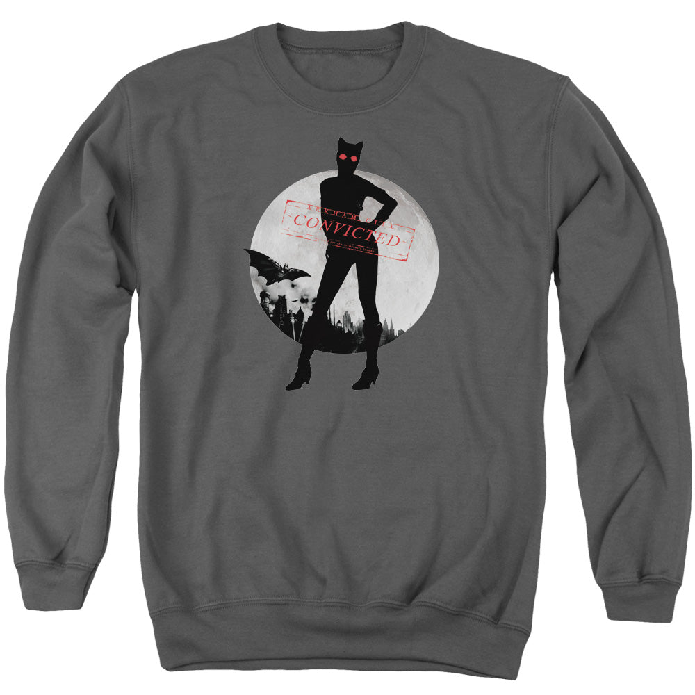 Batman Arkham City Catwoman Convicted Men's Crewneck 50 50 Poly Long-Sleeve T-Shirt