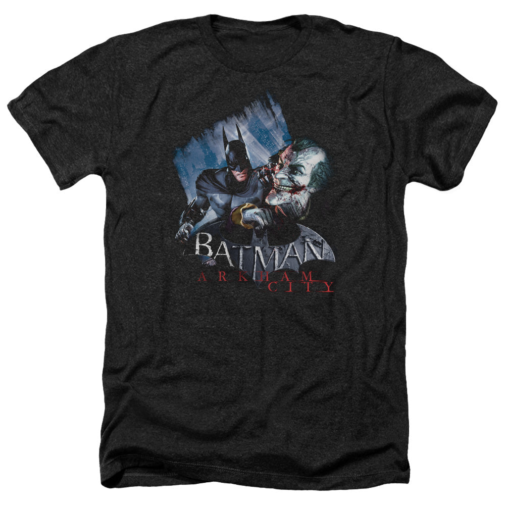 Batman Arkham City Jokes On You! Men's 30/1 Heather 60 40 Poly Short-Sleeve T-Shirt