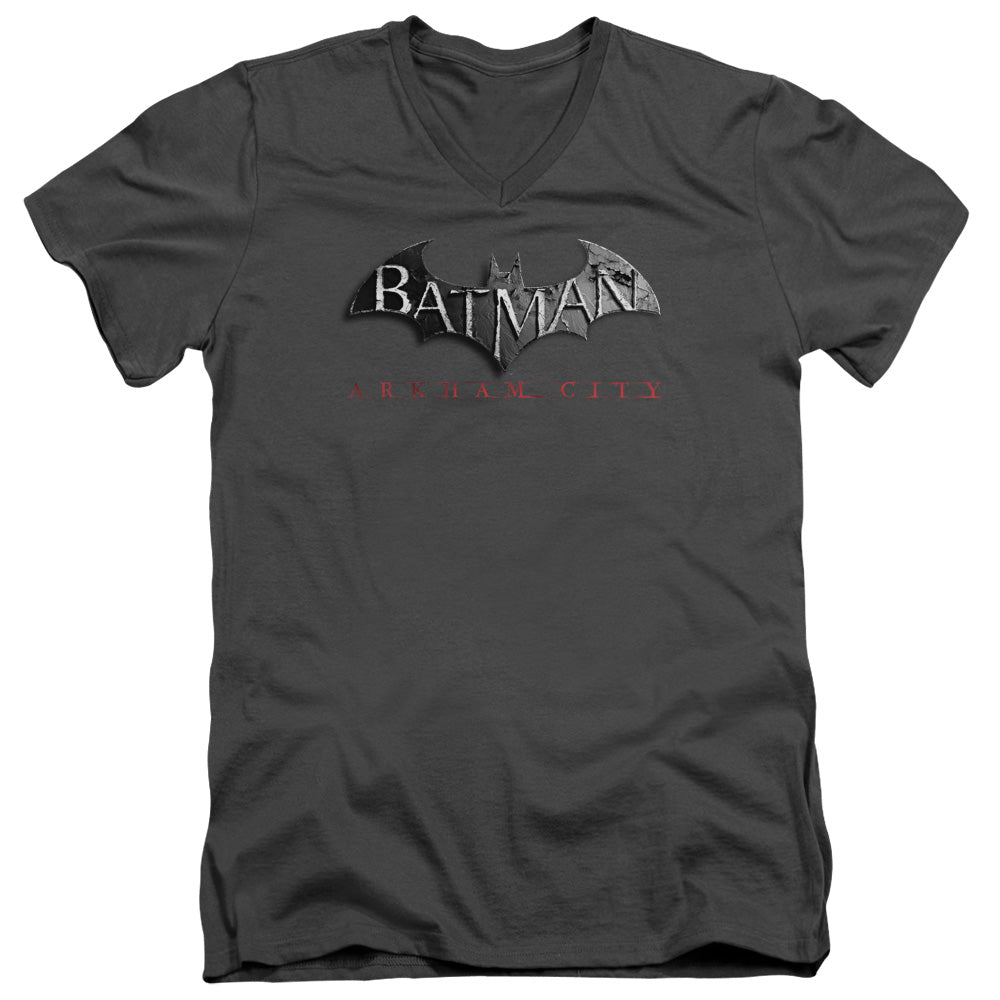 Batman Arkham City Logo Men's 30/1 Cotton Slim V-Neck T-Shirt