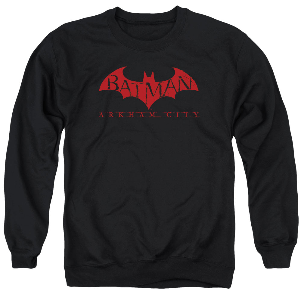 Batman Arkham City Red Bat Men's Crewneck 50 50 Poly Long-Sleeve T-Shirt