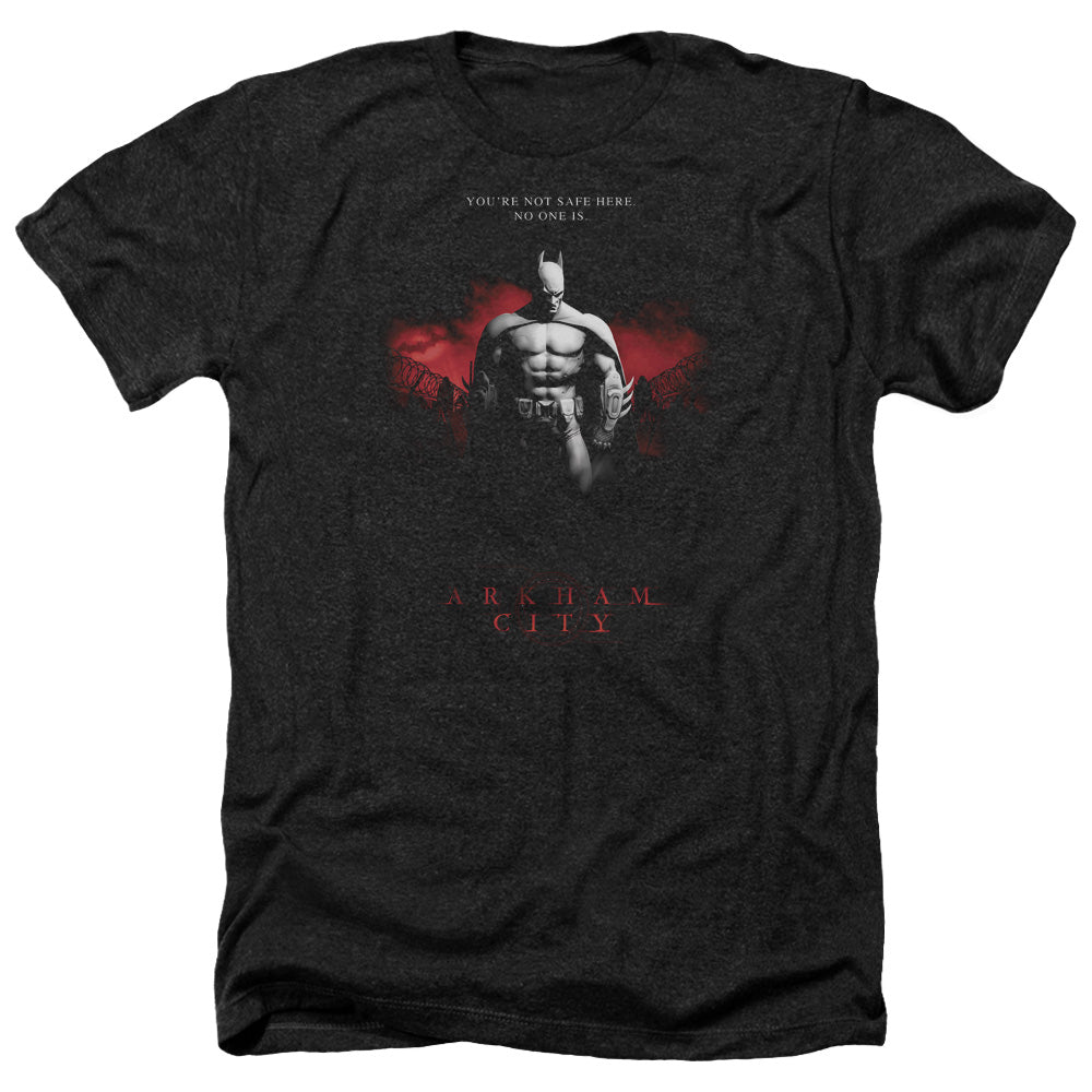 Batman Arkham City Standing Strong Men's 30/1 Heather 60 40 Poly Short-Sleeve T-Shirt