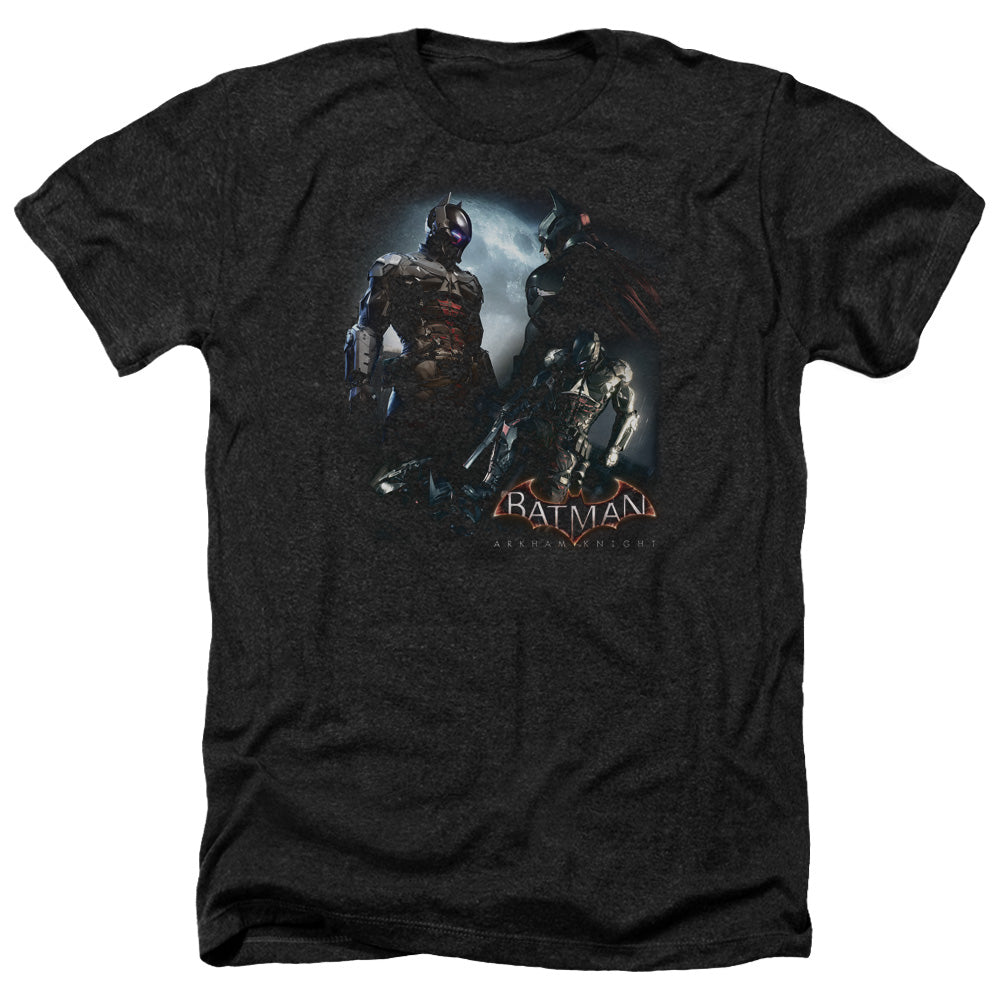 Batman Arkham Knight Face Off Men's 30/1 Heather 60 40 Poly Short-Sleeve T-Shirt