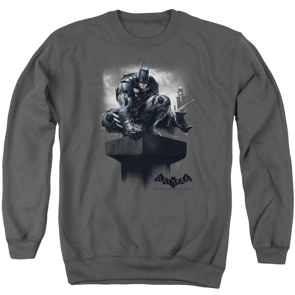 Batman Arkham Knight Perched Men's Crewneck 50 50 Poly Long-Sleeve T-Shirt