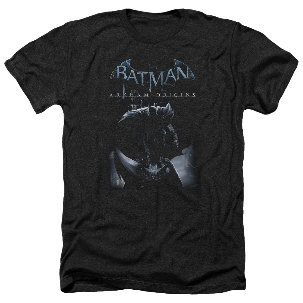 Batman Arkham Origins Perched Cat Men's 30/1 Heather 60 40 Poly Short-Sleeve T-Shirt