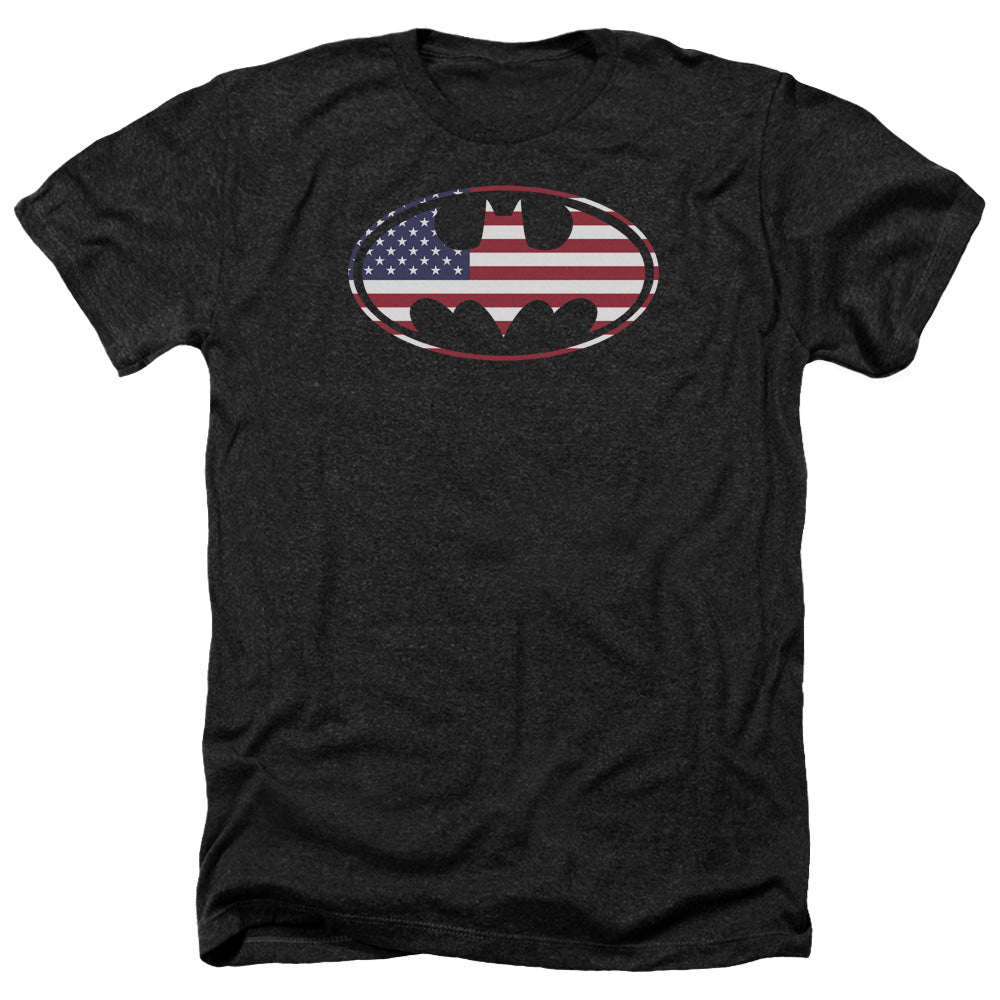 Batman Comics American Flag Oval Men's 30/1 Heather 60 40 Poly Short-Sleeve T-Shirt