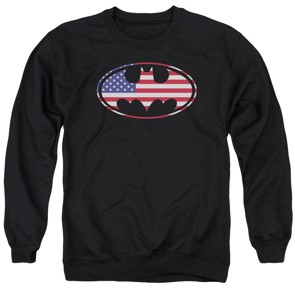 Batman Comics American Flag Oval Men's Crewneck 50 50 Poly Long-Sleeve T-Shirt