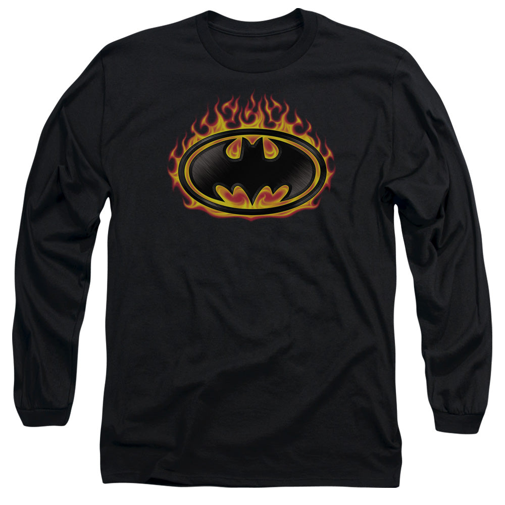 Batman Comics Bat Flames Shield Men's 18/1 Cotton Long-Sleeve T-Shirt
