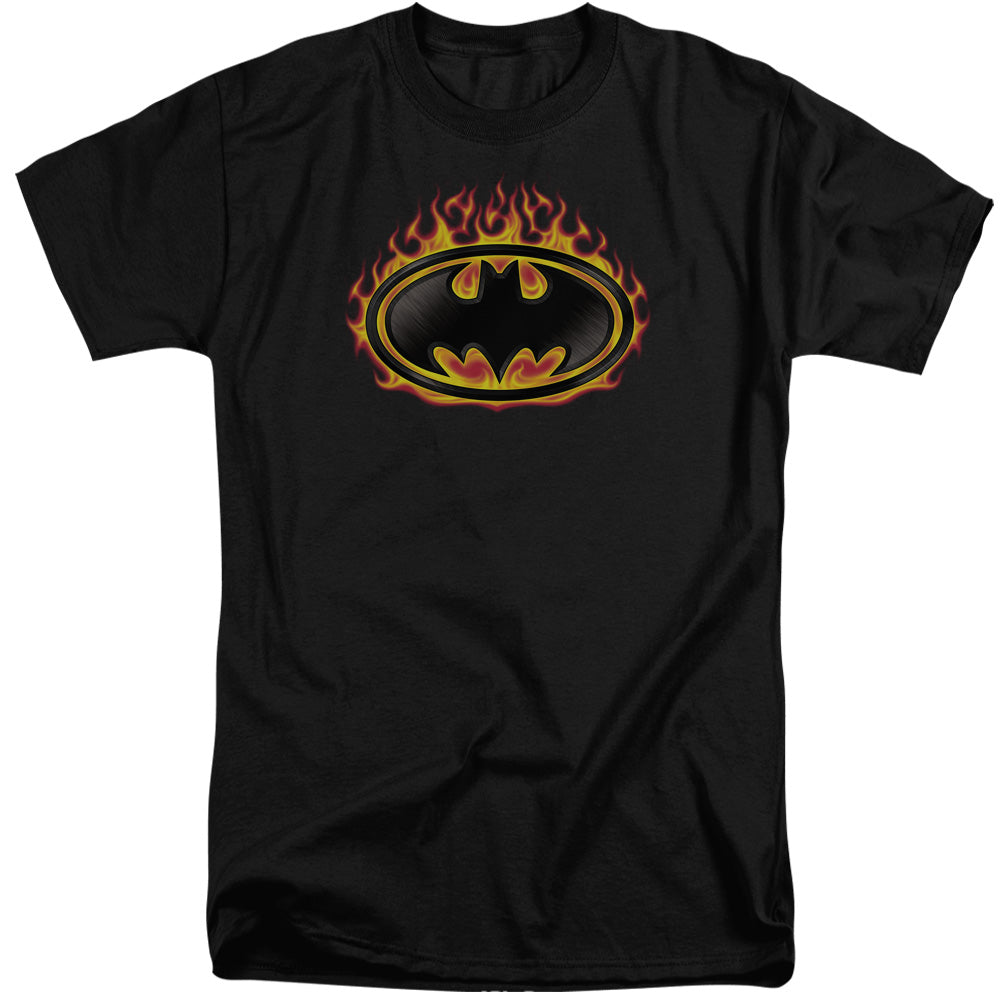 Batman Comics Bat Flames Shield Men's 18/1 Tall Cotton Short-Sleeve T-Shirt