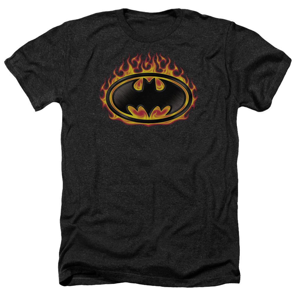 Batman Comics Bat Flames Shield Men's 30/1 Heather 60 40 Poly Short-Sleeve T-Shirt
