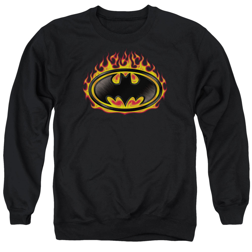 Batman Comics Bat Flames Shield Men's Crewneck 50 50 Poly Long-Sleeve T-Shirt