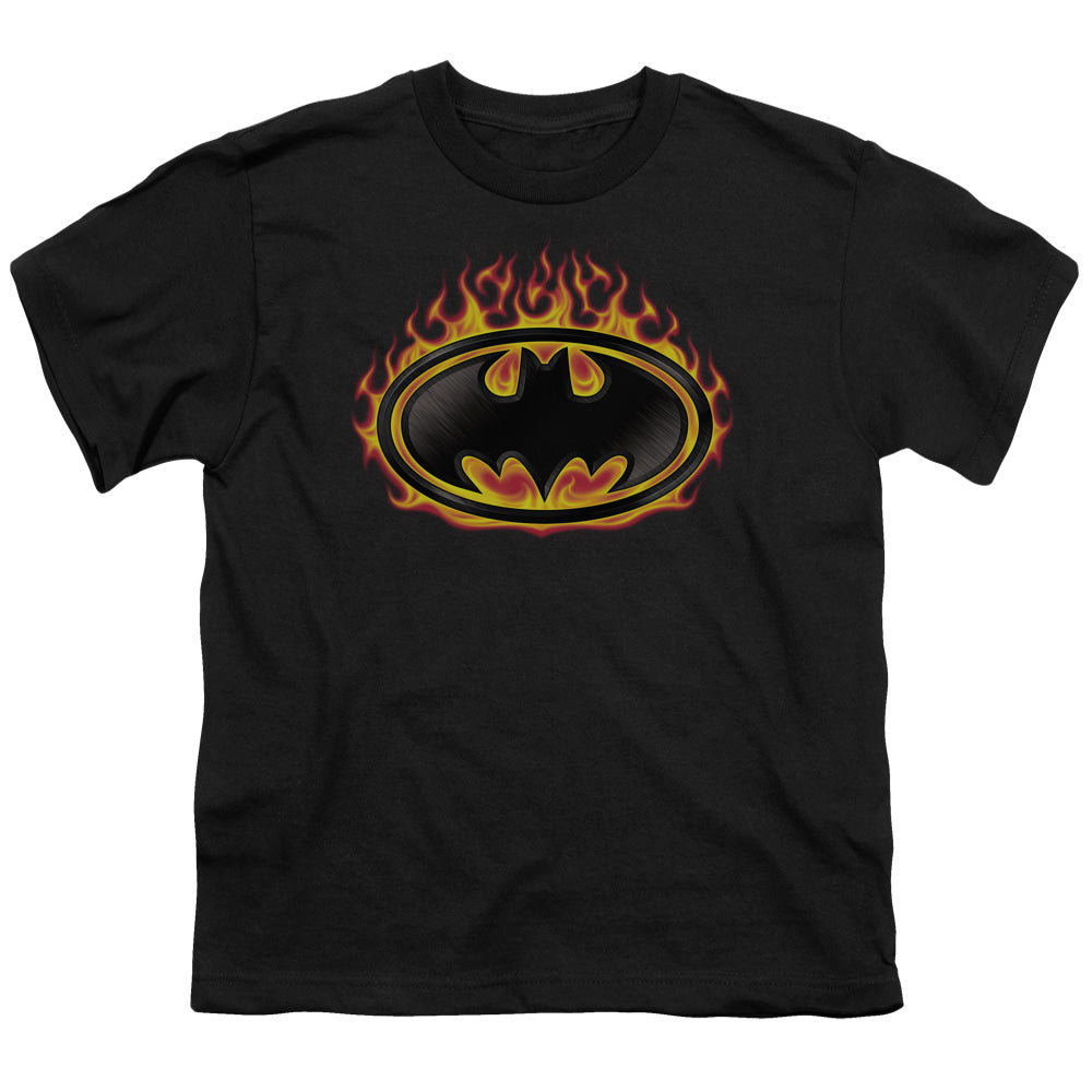 Batman Comics Bat Flames Shield Youth 18/1 100% Cotton Short-Sleeve T-Shirt