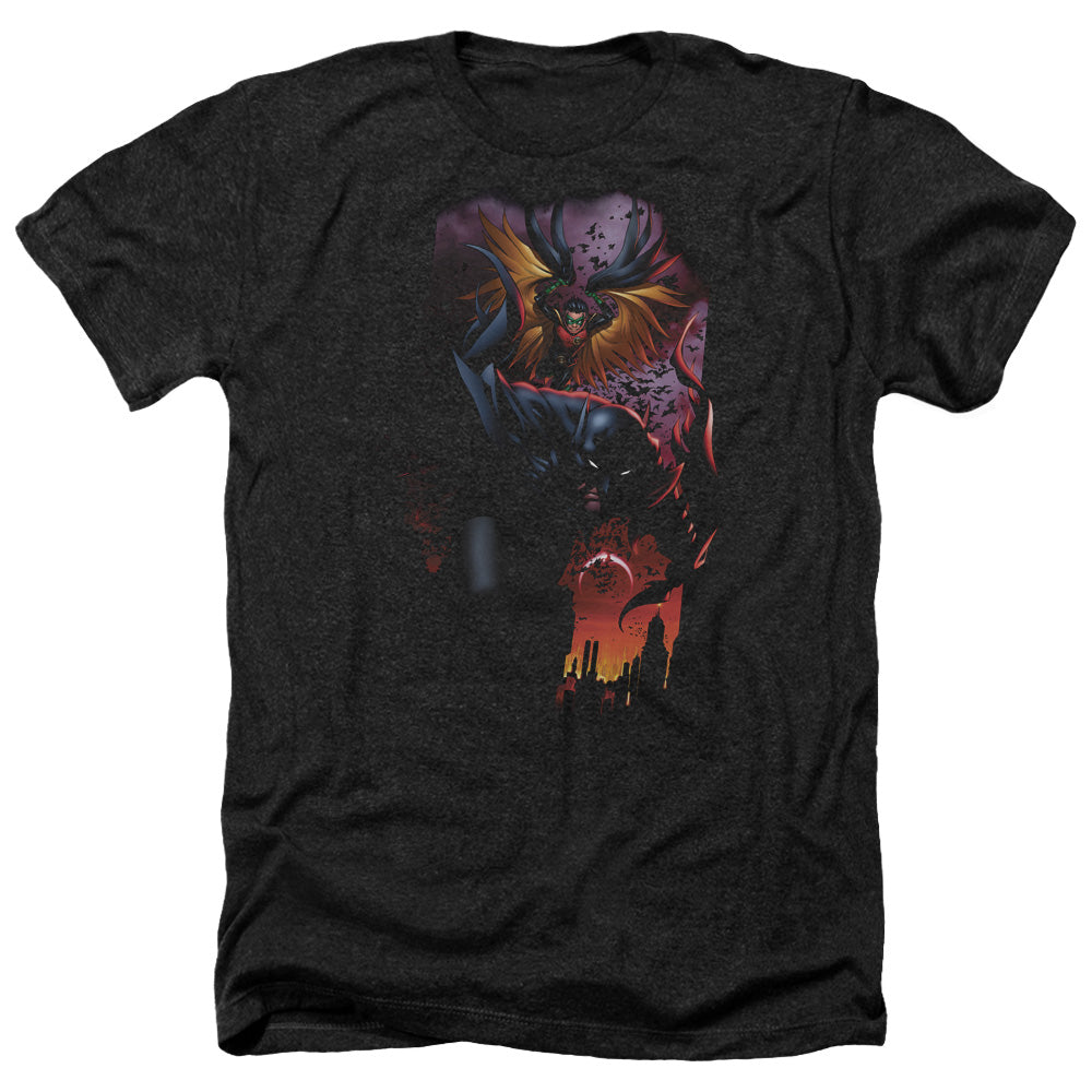 Batman Comics Batman & Robin #1 Men's 30/1 Heather 60 40 Poly Short-Sleeve T-Shirt
