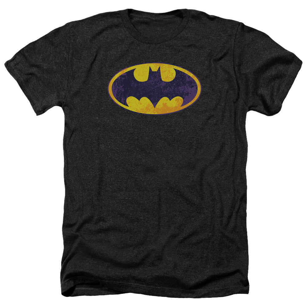 Batman Comics Bm Neon Distress Logo Men's 30/1 Heather 60 40 Poly Short-Sleeve T-Shirt
