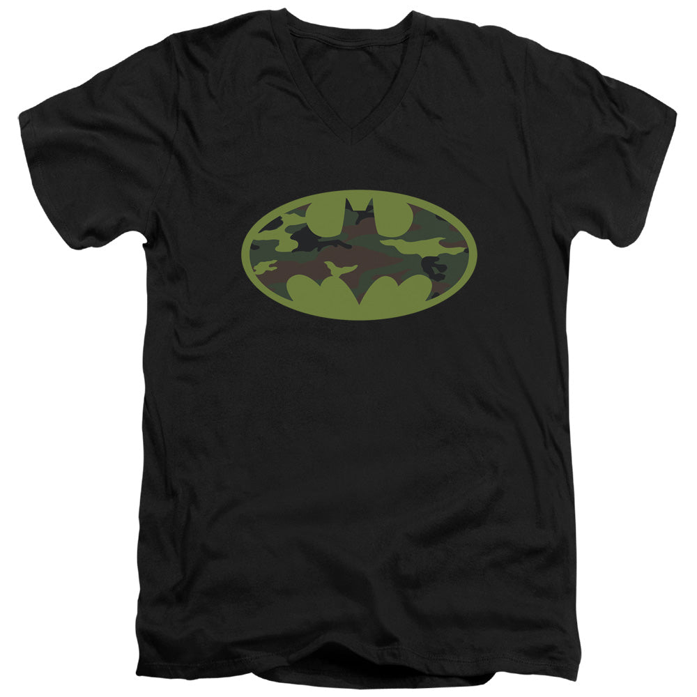 Batman Comics Camo Logo Men's 30/1 Cotton Slim V-Neck T-Shirt