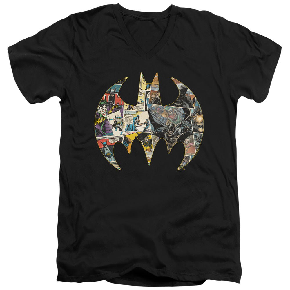 Batman Comics Collage Shield Men's 30/1 Cotton Slim V-Neck T-Shirt