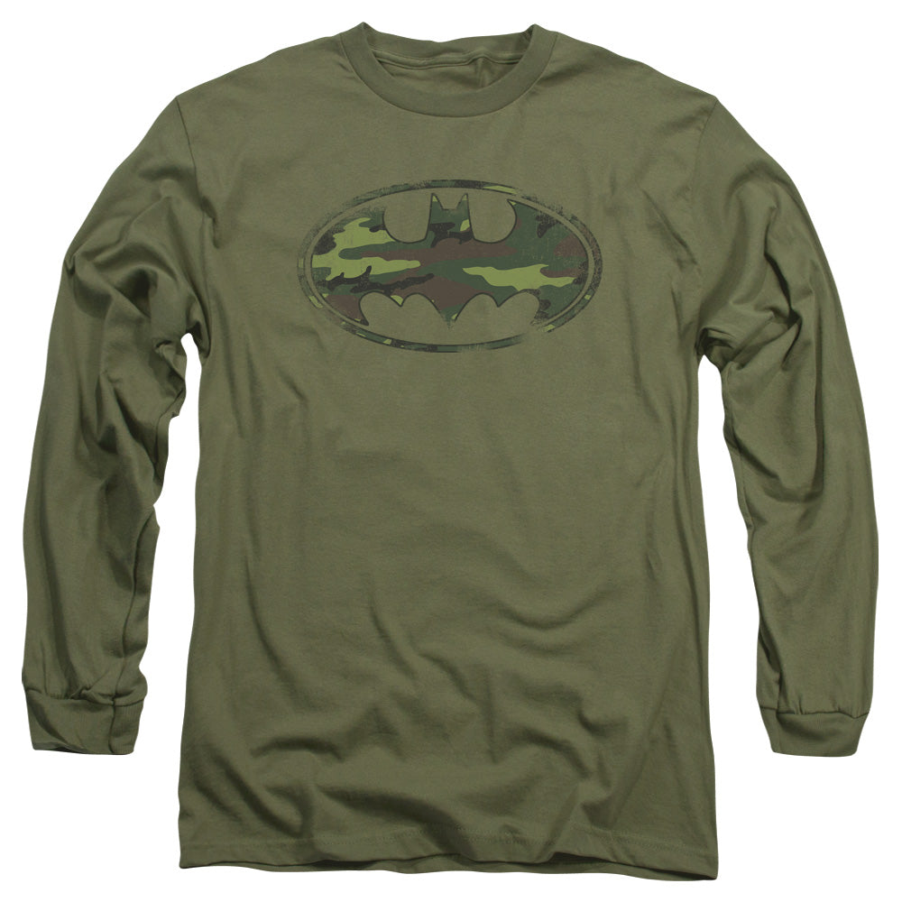 Batman Comics Distressed Camo Shield Men's 18/1 Cotton Long-Sleeve T-Shirt