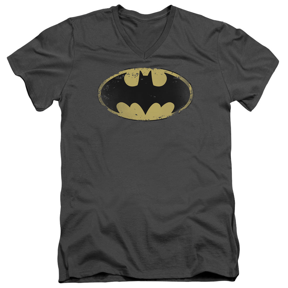 Batman Comics Distressed Shield Men's 30/1 Cotton Slim V-Neck T-Shirt