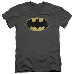 Batman Comics Distressed Shield Men's 30/1 Cotton Slim V-Neck T-Shirt