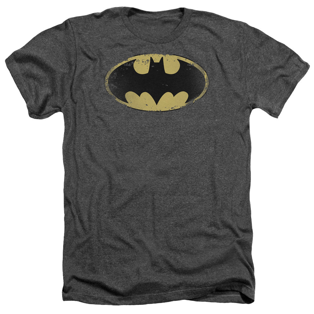 Batman Comics Distressed Shield Men's 30/1 Heather 60 40 Poly Short-Sleeve T-Shirt