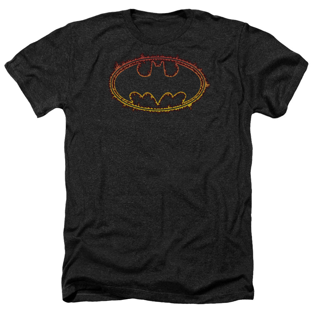 Batman Comics Flame Outlined Logo Men's 30/1 Heather 60 40 Poly Short-Sleeve T-Shirt