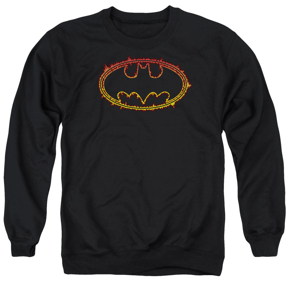 Batman Comics Flame Outlined Logo Men's Crewneck 50 50 Poly Long-Sleeve T-Shirt