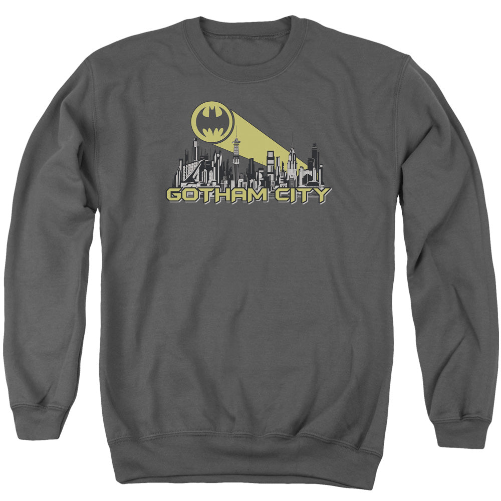 Batman Comics Gotham Skyline Men's Crewneck 50 50 Poly Long-Sleeve T-Shirt