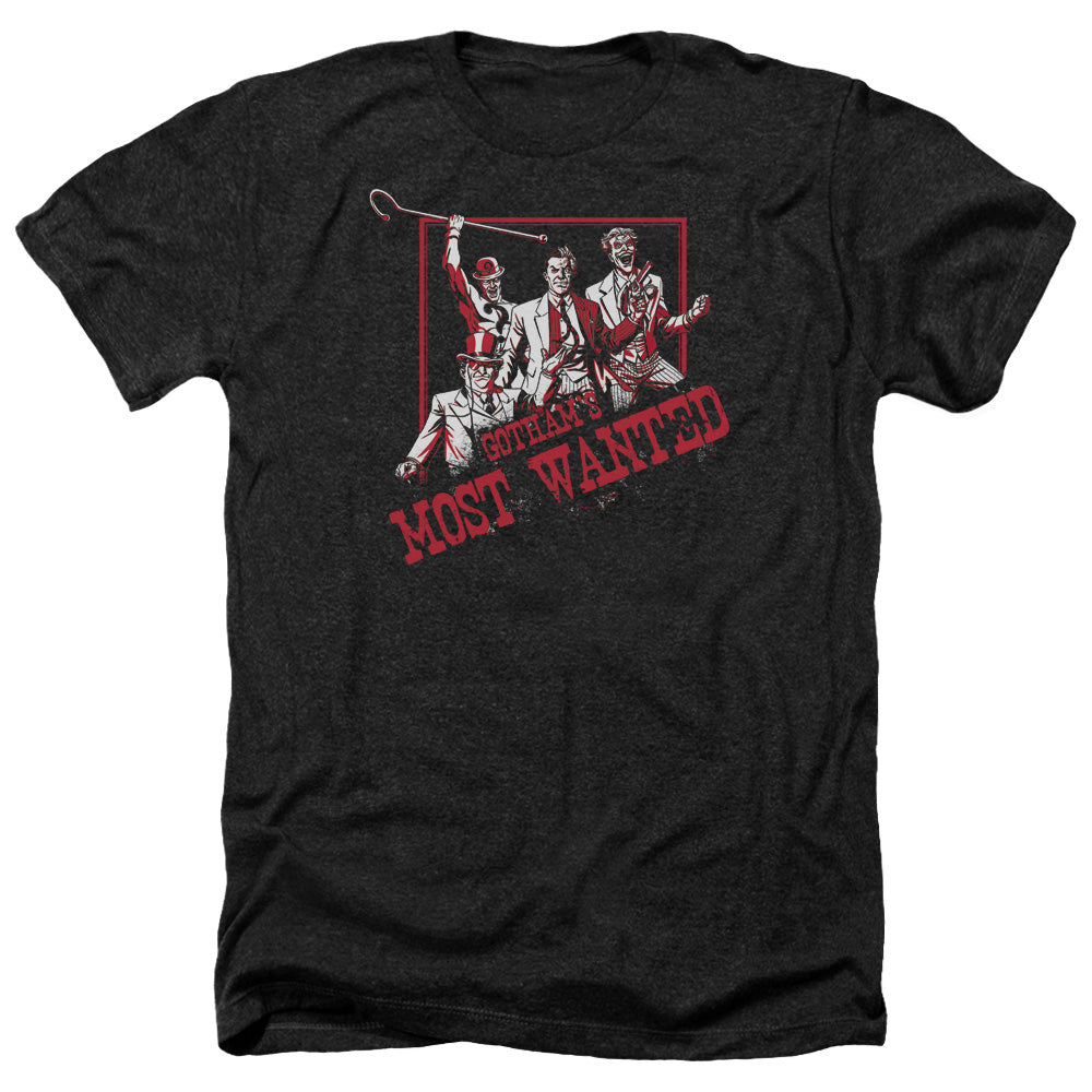 Batman Comics Gothams Most Wanted Men's 30/1 Heather 60 40 Poly Short-Sleeve T-Shirt