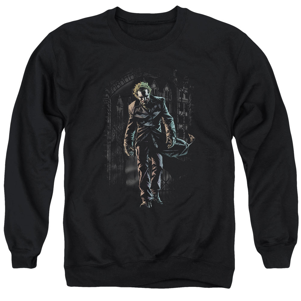 Batman Comics Joker Leaves Arkham Men's Crewneck 50 50 Poly Long-Sleeve T-Shirt