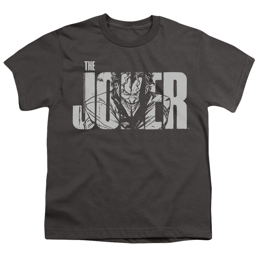 Batman Comics Joker Text On Gray Youth 18/1 100% Cotton Short-Sleeve T-Shirt