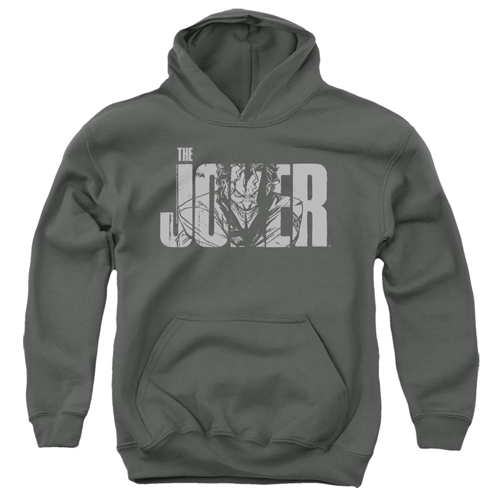 Batman Comics Joker Text On Gray Youth Cotton Poly Pull-Over Hoodie
