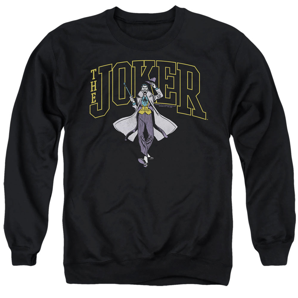 Batman Comics Joker Varsity On Black Men's Crewneck 50 50 Poly Long-Sleeve T-Shirt