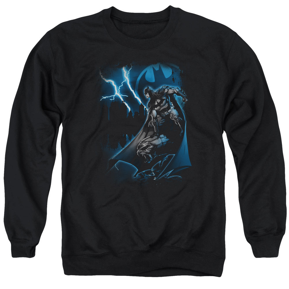 Batman Comics Lightning Strikes Men's Crewneck 50 50 Poly Long-Sleeve T-Shirt