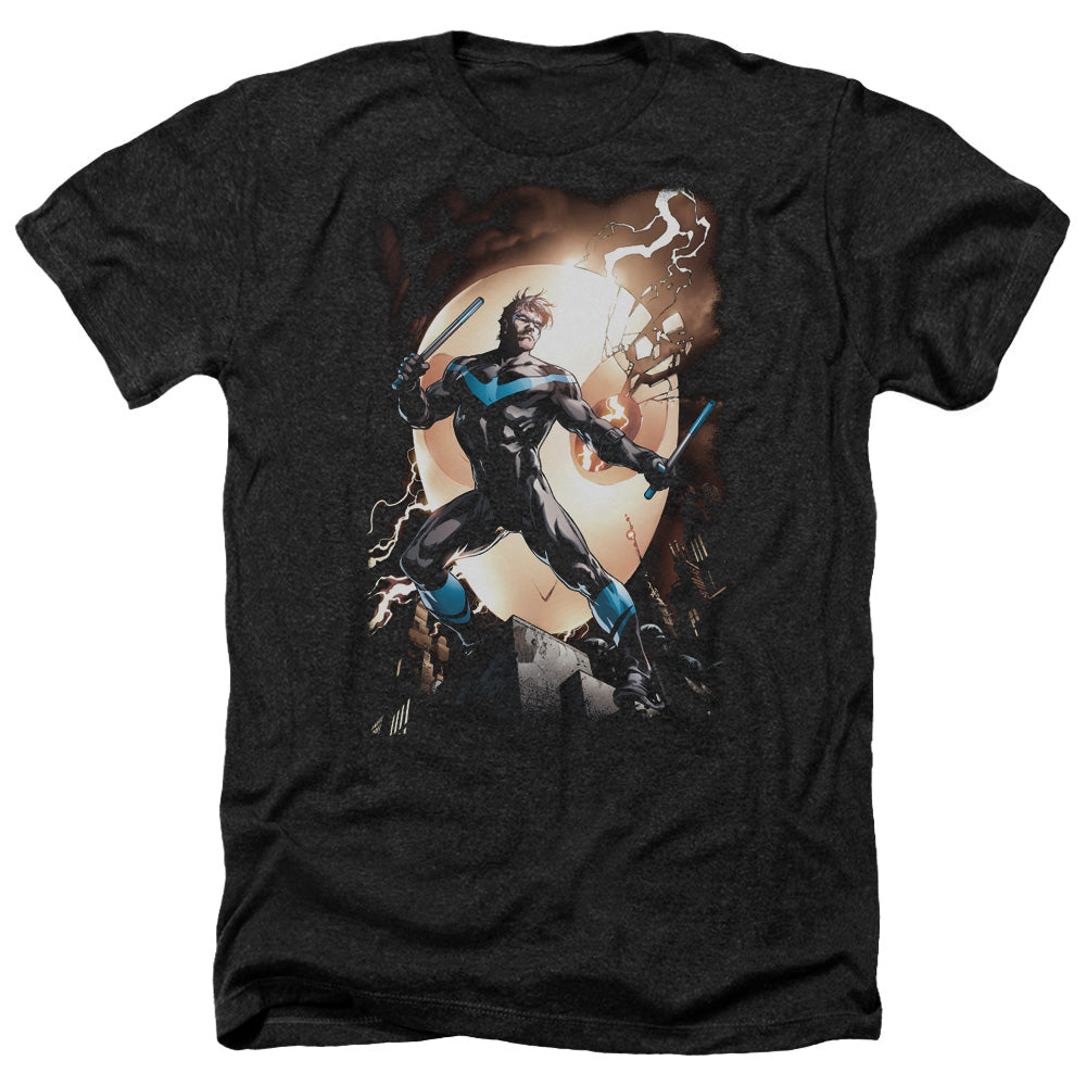 Batman Comics Nightwing Against Owls Men's 30/1 Heather 60 40 Poly Short-Sleeve T-Shirt